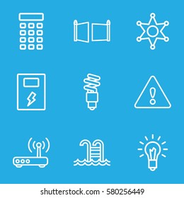 Smarthome vector icons. Set of 9 Smarthome outline icons such as router, light bulb, fluorescent lamp, gate, sheriff, intercom, swimming pool, warning