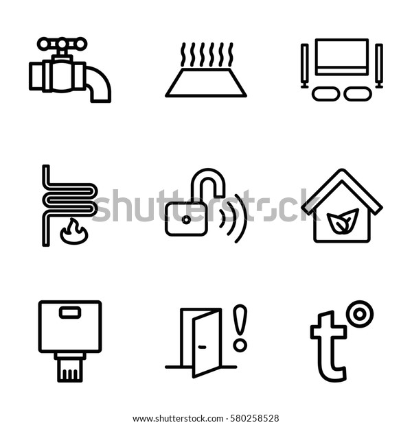 Smarthome vector icons.
Set of 9 Smarthome outline icons such as eco house, opened security
lock, tap, heating system, heating system in car, temperature, TV
set, door warning