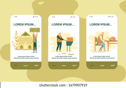 Smarthone App about Use Pension Saving in Fund. Man Holding Bill Money over him, Against Structure Institution. Senior Citizen Carry Wheelbarrow with Bunch Coin. Grandpa at Dinner Table with Turkey.