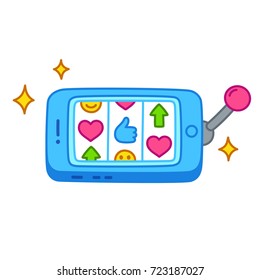 Smarthphone as slot machine with likes and notifications. Instant gratification and phone addiction concept vector illustration.