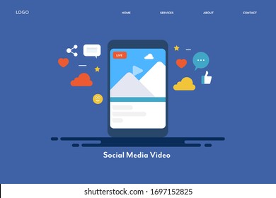 Smarthphone Video, Social Media Video, Content Video,  Sharing On Social Media, Content Engagement - Conceptual Vector Landing Page Template