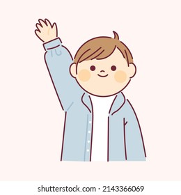 A smart-looking boy is raising his hand and giving an opinion. flat design style vector illustration.