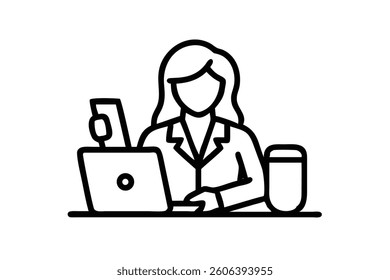 Smartly dressed businesswoman sitting at her desk with a laptop, coffee cup, and notepad, preparing for work in a corporate office