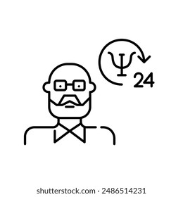 Smartly dressed older man and 24 hour psychotherapy symbol. Senior mental health and wellbeing. Pixel perfect vector icon