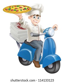 A smartly dressed pizza chef in his chef whites delivering pizza on his moped.