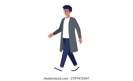 Smartly dressed young man wearing a grey trench coat and glasses walking forward on a clean white background.