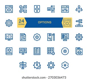 A smartly organized set of 24 Bold Line icons tied to Options, perfect for scalable systems.