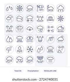 A smartly organized set of 35 Regular Line icons tied to Precipitation, perfect for scalable systems.