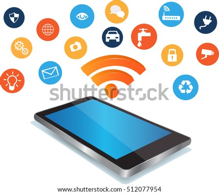 Smartphon with Blue screen and shiny 3d wifi sign above. Modern mobile phone conected to the internet of things.