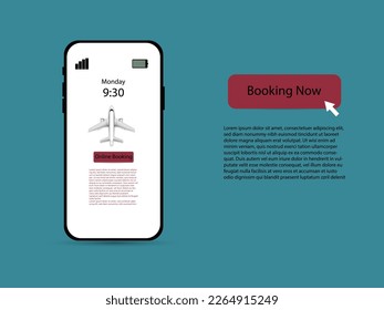 smartphon mockup with white airplane taking off on phone screen blue background , vector illustration ,Booking online Business travel holiday summer Concept