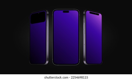 Smartphone 14 Mockup in Different Angles with Editable Screen. Black Template. Vector illustration