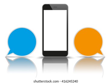 Smartphone with 2 round speech bubbles on the white background. Eps 10 vector file.