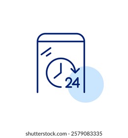 Smartphone with 24 hour clock symbol. Always on, constant availability for calls, texts or online presence. Pixel perfect, editable stroke icon