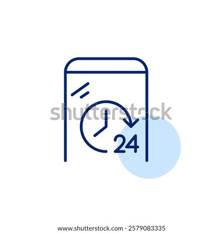 Smartphone with 24 hour clock symbol. Always on, constant availability for calls, texts or online presence. Pixel perfect, editable stroke icon