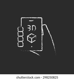 Smartphone con mano de caja 3D dibujada con tiza en un icono blanco vectorial de pizarra en un fondo negro