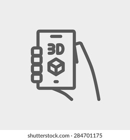 Smartphone with 3D box icon thin line for web and mobile, modern minimalistic flat design. Vector dark grey icon on light grey background.
