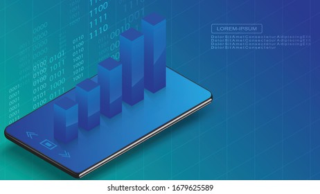 Smartphone with 3D business graph technology concept vector illustration