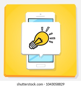 Smartphone 3d isometry flat design vector illustration. Glowing light bulb icon in notification window on screen of mobile phone. Concept of new digital idea.