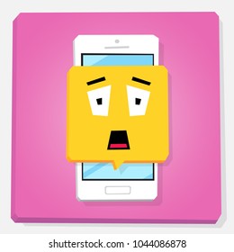 Smartphone 3d isometry flat design vector illustration. Shocked face in notification window on mobile phone screen. Expression of scare emoji. Concept of feedback or chat sticker.