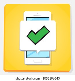 Smartphone 3d isometry flat design vector illustration. Checkbox sign in notification window on mobile phone screen. Concept of successful action or approve.