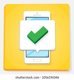 Smartphone 3d isometry flat design vector illustration. Checkbox sign in notification window on mobile phone screen. Concept of successful action or approve.