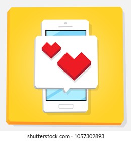 Smartphone 3d isometry flat design vector illustration. Window with red heart icon on mobile phone screen. Notification about new likes. Concept of dating app.