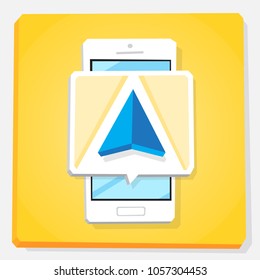 Smartphone 3d isometry flat design vector illustration. Window with drive navigation arrow icon on mobile phone screen. Concept of user geolocation app.