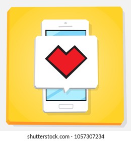Smartphone 3d isometry flat design vector illustration. Window with red heart icon on mobile phone screen. Notification about new likes. Concept of dating app.