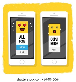 Smartphone 3d isometry flat design vector illustration. Two screens with success and failure. All done and error windows with emoji and buttons. Lovely face and confused face.