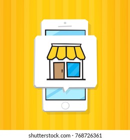 Smartphone 3d isometry flat design vector illustration. Window with icon of shop house on mobile phone screen. Concept of online mobile store app.