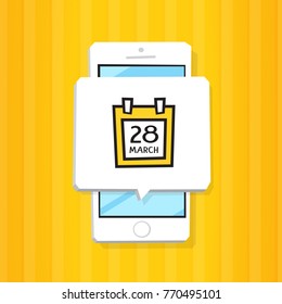 Smartphone 3d isometry flat design vector illustration. Window with calendar icon on mobile phone screen. Reminder app with notification. Schedule service concept.