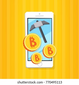 Smartphone 3d isometry flat design vector illustration. Blockchain industry. Virtual money. Cryptocurrency mining process. Pickaxe and bitcoin gold coin on mobile phone screen.