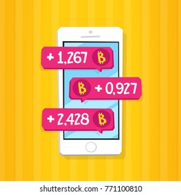 Smartphone 3d isometry flat design vector illustration. Blockchain industry. Push notifications about bitcoins receipt. Concept of crypto trading app.