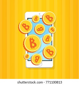 Smartphone 3d isometry flat design vector illustration. Blockchain industry. Virtual money. Bitcoins flying over mobile phone screen. Cryptocurrency gold coin. Concept of crypto wallet.