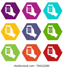 Smartphone with 3D model icon set many color hexahedron isolated on white vector illustration