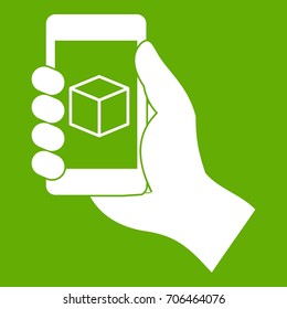Smartphone with 3D model icon white isolated on green background. Vector illustration