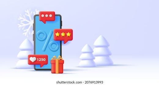 Smartphone 3d ilustración de representación con porcentaje de señalización y notificaciones de inserción con me gusta, caja de regalo y paisaje de árboles de navidad blancos, afiche publicitario