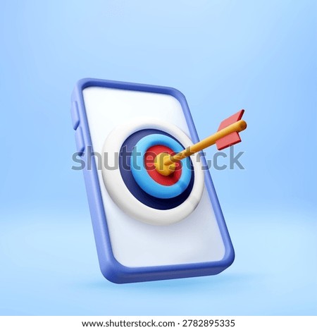 Smartphone with 3D target and arrow symbol on screen. Goal achievement and business success concept. Mobile marketing strategy and digital marketing goal attainment visualization. Vector illustration