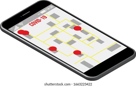 Smartphone 3D vector illustration with Covid-19 proximity map application