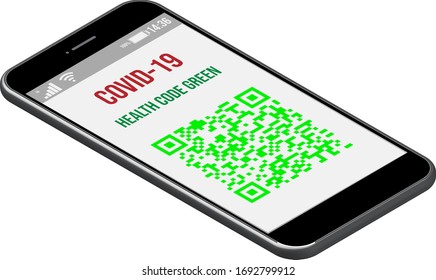 Smartphone 3D vector illustration with Covid-19 health green QR Code