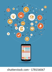 Smartphone and abstract global computer network. Internet concept. Network background with nodes, social media and communication icons. 