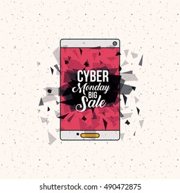 Smartphone and abstract icon. Cyber Monday sale and offer theme. White and texture background. Vector illustration