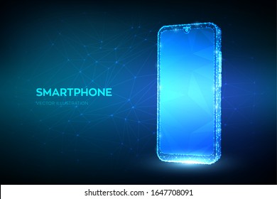 Smartphone. Abstract wireframe closeup mobile phone with blank empty screen. Touch screen display. Low poly geometric shapes. Communication app smart phone concept. 3D polygonal vector illustration.