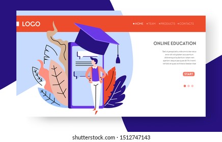 Smartphone in academic hat, online education landing web page vector. Male student, degree receiving at home, knowledge and training. Internet school service, boy and portable device, e-learning