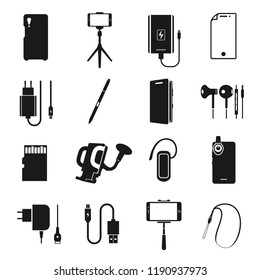 Smartphone accessories icon set. Cell phone accessories, batteries, bluetooth headsets, cases, chargers. Vector illustration isolated on white background