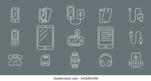 Smartphone and accessories icons set - Vector outline symbols of gadget and mobile device for the site or interface