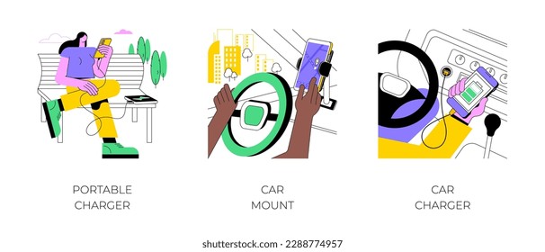 Smartphone accessories isolated cartoon vector illustrations set. Portable charger, car mount, automotive charger for gadgets, power bank, mobile modern digital technology vector cartoon.