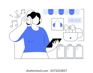 Smartphone accessories isolated cartoon vector illustrations. Smiling girl testing new headphones for smartphone in electronics store, gadgets purchase, smart retail vector cartoon.