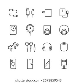 Conjunto de iconos de línea de accesorios para smartphone.
