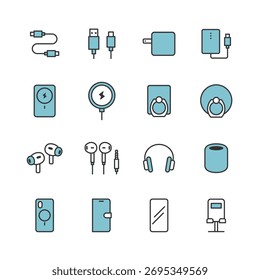 Conjunto de iconos de línea de accesorios para smartphone (de color).